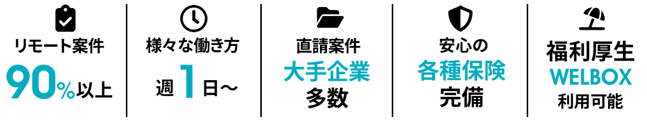 リモート案件90%以上、様々な働き方週1日〜、直請案件 大手企業多数、安心の各種保険完備、福利厚生WELBOX利用可能